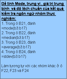 Text Box: Để tính Mode, trung vị , giá trị trung bình  và độ lệch chuẩn của kết quả kiểm tra ngôn ngữ nhóm thực nghiệm:
1. Trong ô B21, đánh        =mode(b3:b17)
2. Trong ô B22, đánh    =median(b3:b17)
3. Trong ô B23, đánh    =average(b3:b17)
4. Trong ô B24, đánh                 =stdev(b3:b17)

Làm tương tự với các nhóm khác ở ô  F22, F23 và F24