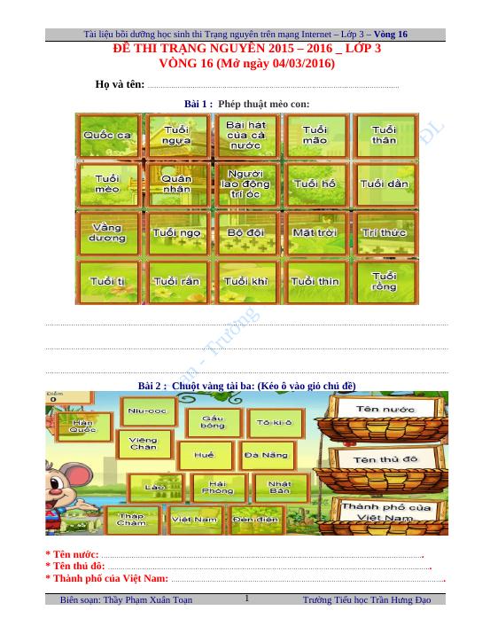 Vòng 16 - Lớp 3 (2015-2016) -TN - Lớp 3 - 2015 - 2016 - Phạm Xuân Toạn -