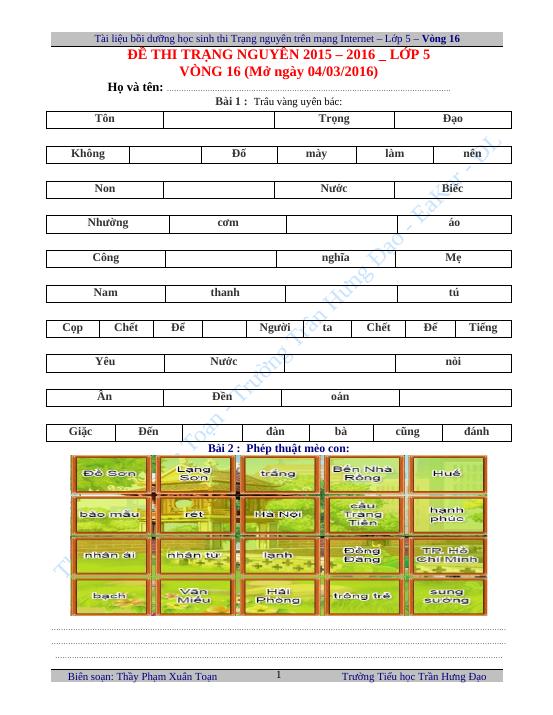Vòng 16 - Lớp 5 (2015-2016) - TN - Lớp 5 - 2015-2016 - Phạm Xuân Toạn -