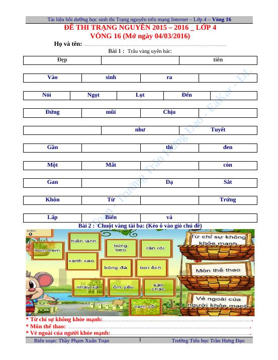 Vòng 16 - Lớp 4 (2015-2016) - TN - Lớp 4 - 2015-2016 - Phạm Xuân Toạn -