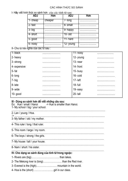 BÀI TẬP SO SÁNH KHÔNG NHƯ NOT AS AS LỚP 7