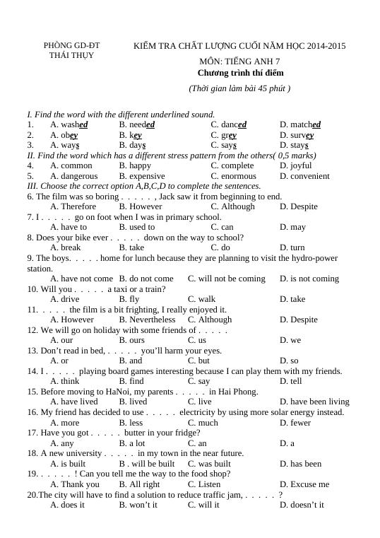 ĐỀ THI TIẾNG ANH LỚP 7 HỌC KÌ 1 FILE PDF CÓ ĐÁP ÁN KÈM THEO
