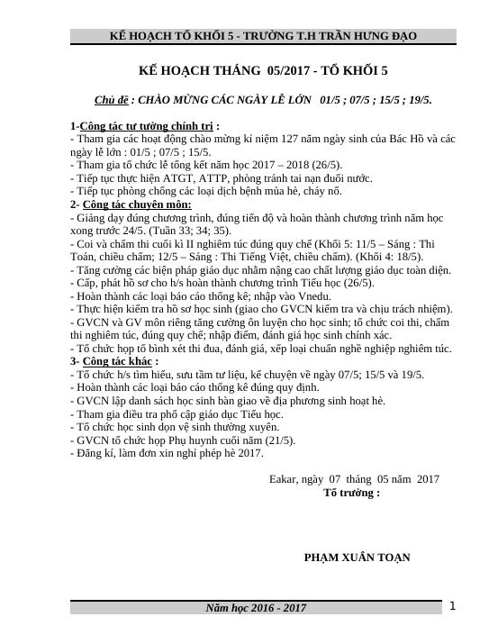 Kế hoạch cụ thể tháng 5/2017 - Tổ 5 - TỔ KHỐI - Phạm Xuân Toạn -