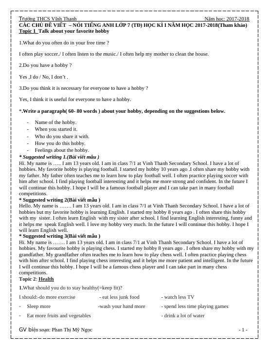 TOPIC TIẾNG ANH LỚP 7 HỌC KÌ 2