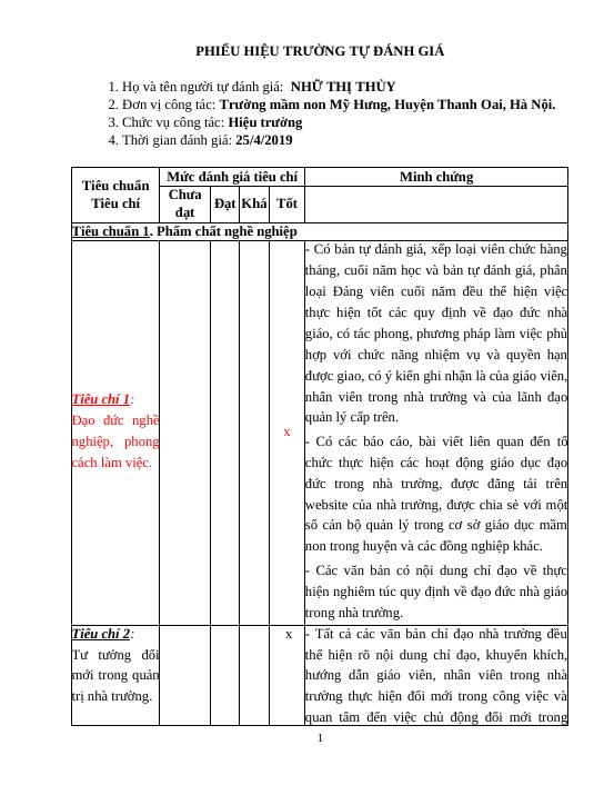 PHIẾU ĐÁNH GIÁ CHUẨN HIỆU TRƯỞNG THEO THÔNG TƯ 14