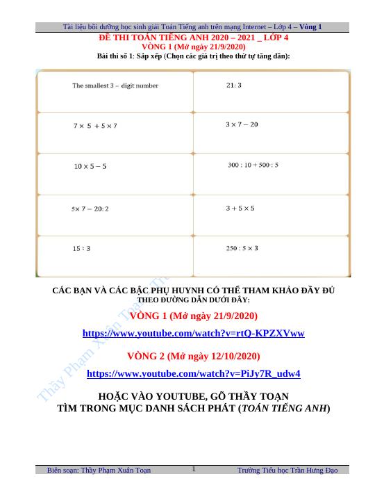 Toán Tiếng Anh Lớp 4 - năm học 2020 - 2021. - Năm học 2017-2018 - Phạm Xuân Toạn -