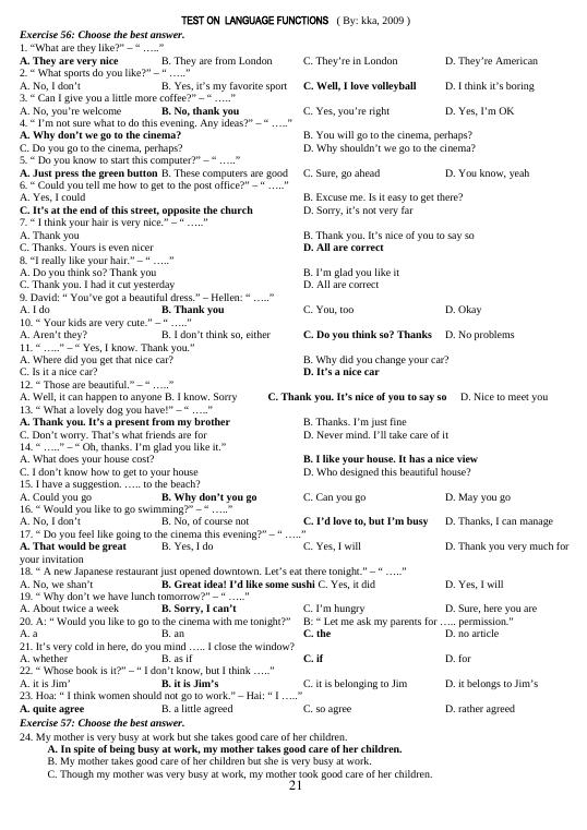Test on language functions - Tiếng Anh 12 - W W W - Thư viện Đề thi ...