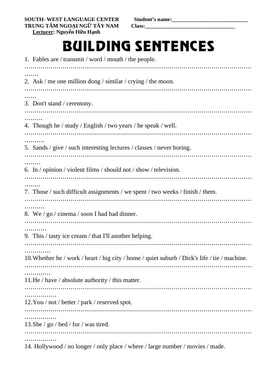 Building sentences - Tư liệu tham khảo - Nguyễn Hữu Hạnh - Thư viện Đề ...