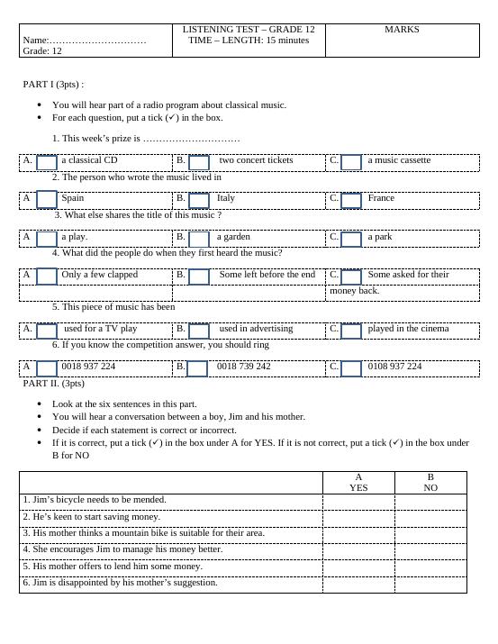 Listening test- grade 12+ audio - Tiếng Anh 12 - Nguyễn Linh Ngọc - Thư ...
