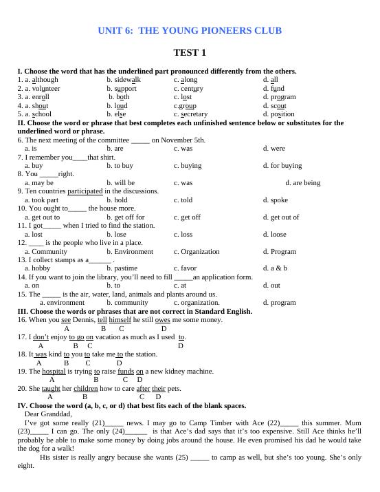 ENGLISH 8 - TEST FOR UNIT 6 (TEST 1) - Tiếng Anh 8 - Lê Hồng Phúc - Thư ...