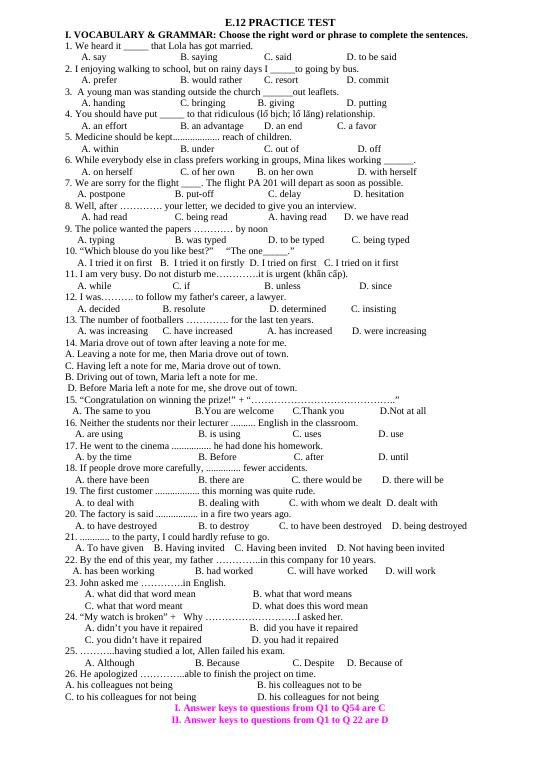E12 FIRST TERM PRACTICE TEST + KEY - Tiếng Anh 12 - Nguyễn Thị Ngọ ...