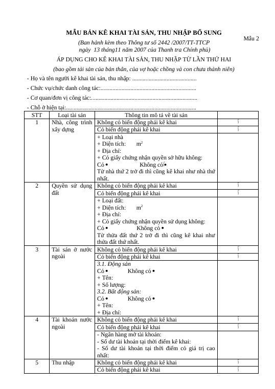 MẪU BẢN KÊ KHAI TÀI SẢN, THU NHẬP BỔ SUNG - Giáo án khác - Phan Van ...