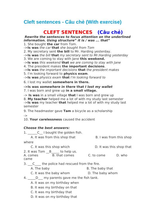 Exercise in cleft sentences - Ngữ văn - Nguyễn Hồng Vân - Thư viện Giáo ...
