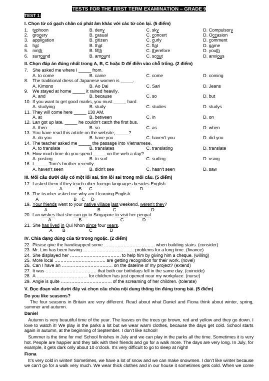 REVISION TESTS FOR THE FIRST TERM EXAMINATION - GRADE 9 - Tiếng Anh 9 ...
