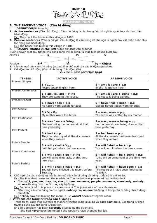 Exercises unit 10 - Tiếng Anh 8 - Đỗ Hoàng Phúc - Thư viện Đề thi ...
