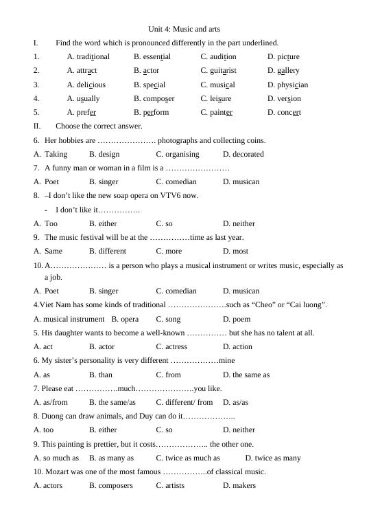 unit 4 music and arts test 2 - Tiếng Anh 7 Thí điểm - nguyễn thị tường ...