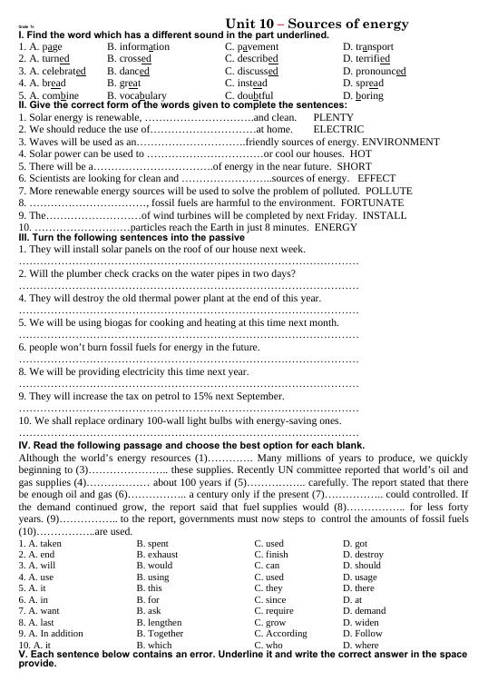 Exercises unit 10 - Tiếng Anh 7 Thí điểm - Bùi Thị Biền - Thư viện Đề ...