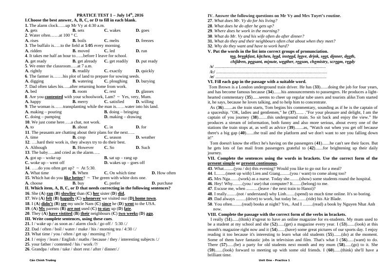 Grade 10 - Unit 1 - Practice Test 1 - Tiếng Anh 10 - Cấn Chính Trường ...