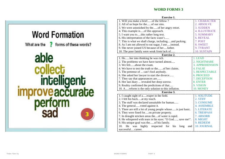 WORD FORMS (Part 3) ~ Exercises With Keys - Tiếng Anh 12 - Thẩm Tâm Vy ...