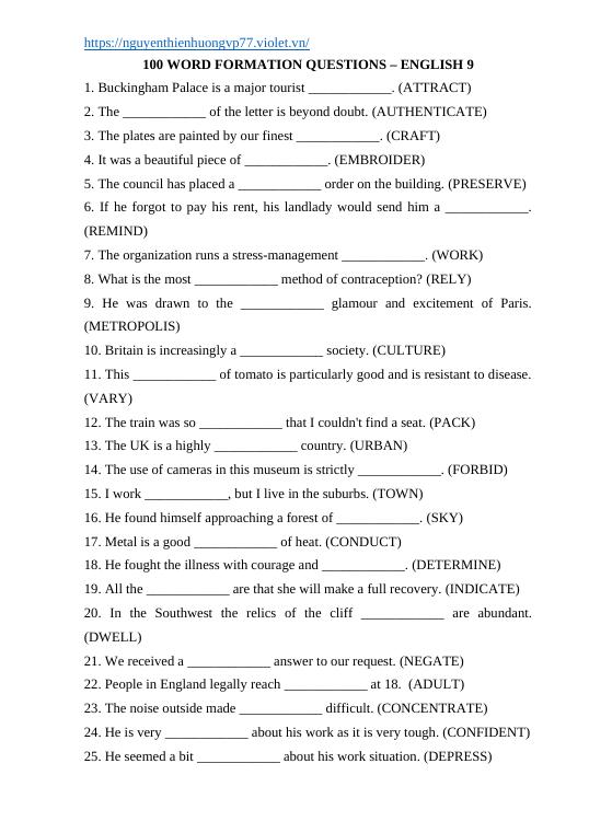 100 Word Formation Questions-English 9 - Tiếng Anh 9 - Nguyễn Thiên ...