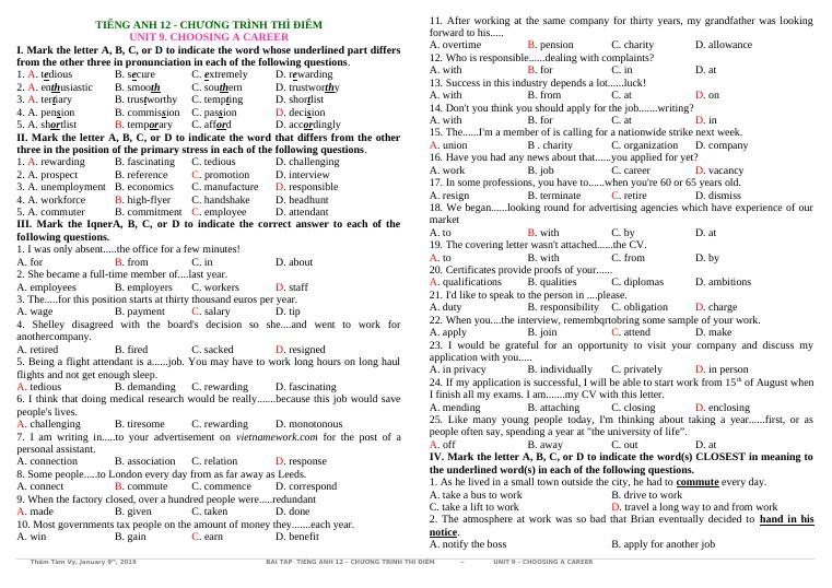 UNIT 9 - CHOOSING A CAREER - Tiếng Anh 12 Thí điểm - Thẩm Tâm Vy - Thư ...