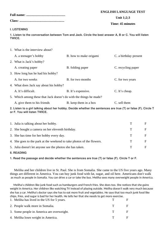 One-Period Test-Grade 7 Unit 1;2;3 (Sách mới). - Tiếng Anh 7 Thí điểm ...