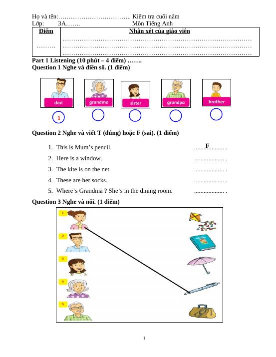 Family and Friends 3. Đề thi học kì 1 - Family and Friends 3 - Thuy ...