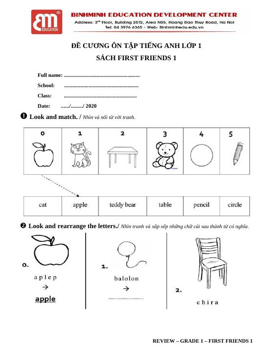 First Friends 1. Kiểm tra 1 tiết - First Friend 1 - Đặng Thị Tiệp - Thư ...
