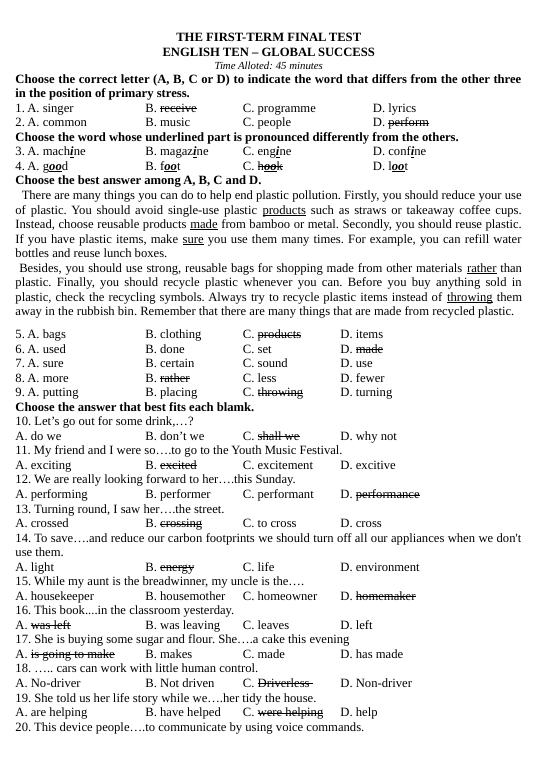 FIRST-SEMESTER FINAL TEST - GLOBAL 10 - Global Success 10 - Thẩm Tâm Vy ...