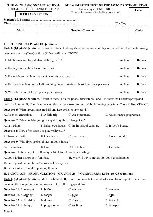 Midterm test 1 - Global Success 8 - Quách Thị Mười - Thư viện Đề thi ...