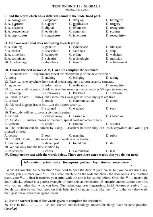 UNIT ELEVEN - PRACTICE TEST - Global Success 8 - Thẩm Tâm Vy - Thư viện ...