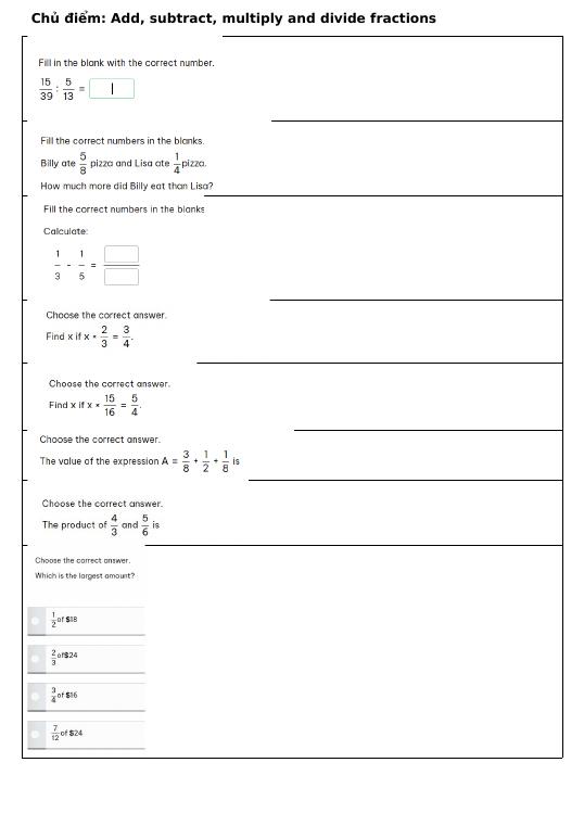 Toán Tiếng Anh 5 Add, subtract, multiply and divide fractions - Toán ...