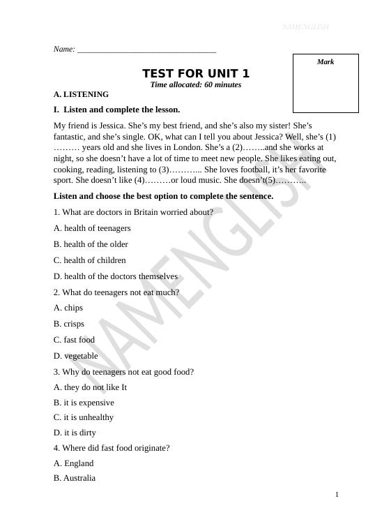 Test for unit 1 - Global Success 7 - Nguyễn hoàng bảo nam - Thư viện Đề ...
