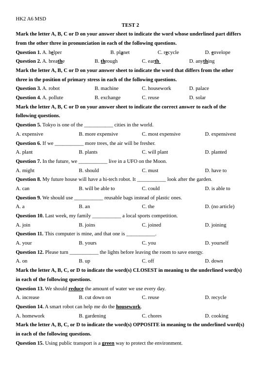 ĐỀ THI HK2 TEST 2 - Global Success 6 - Trần Tố Loan - Thư viện Đề thi ...